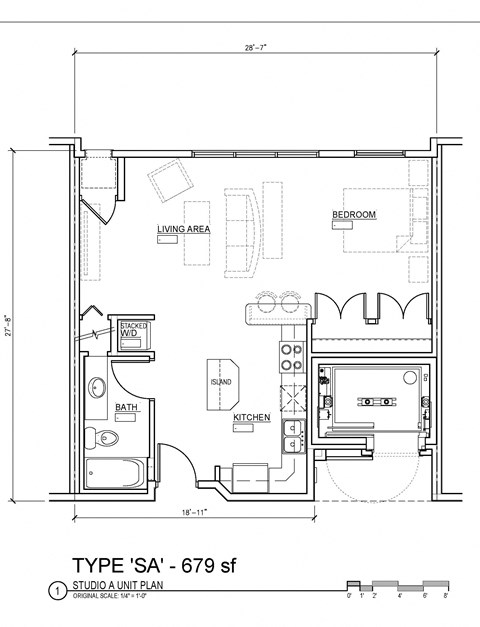 Floor plan for studio, 1 bath, 679 sqft